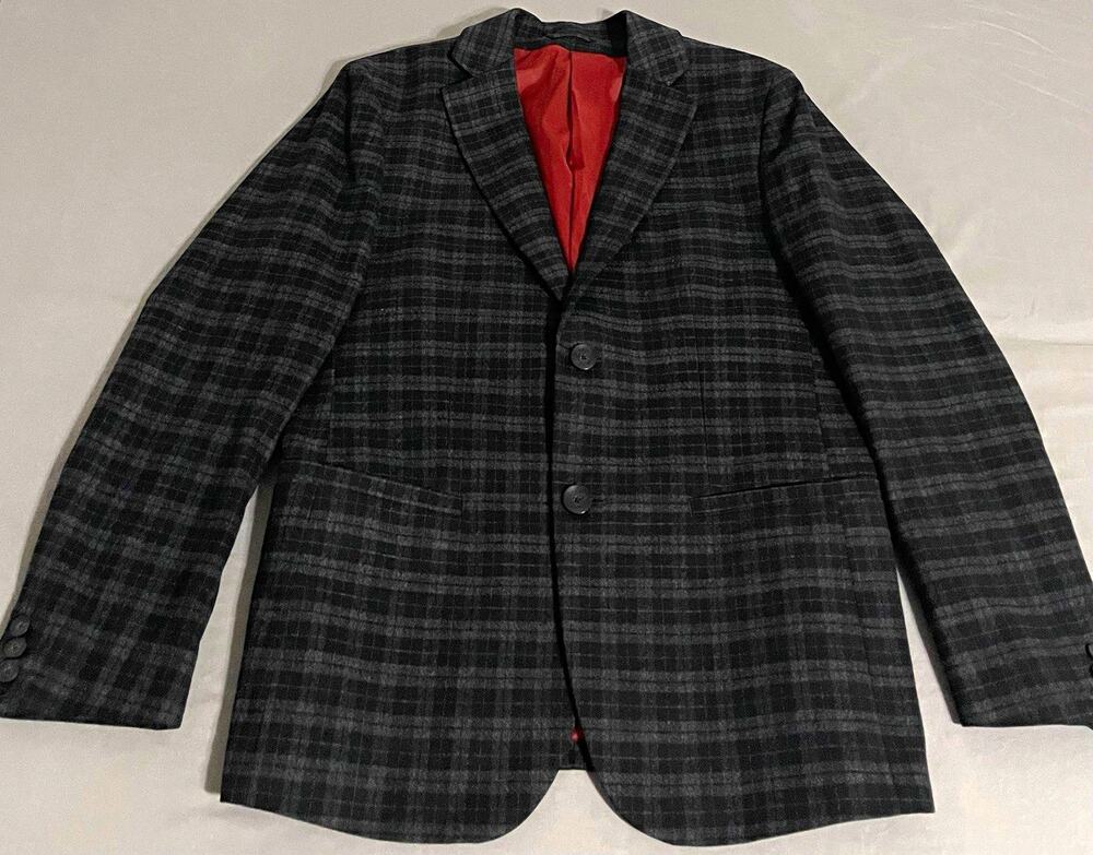 A|X Armani Exchange Gray Plaid Sport Coat Blazer Jacket Men’s 40R Red Lining